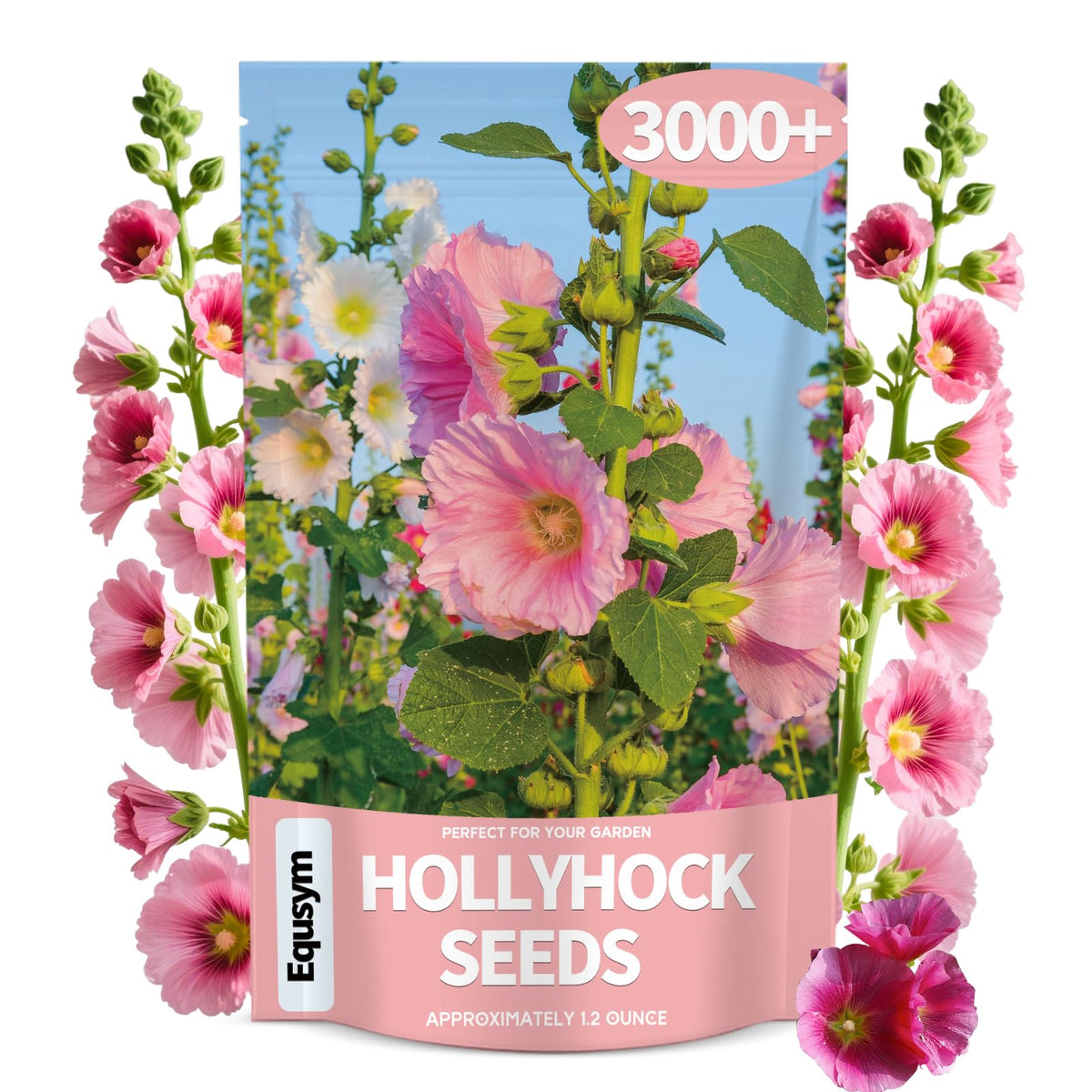 EquSym hollyhock seeds in mixed colors for bright garden borders and tall blooms.