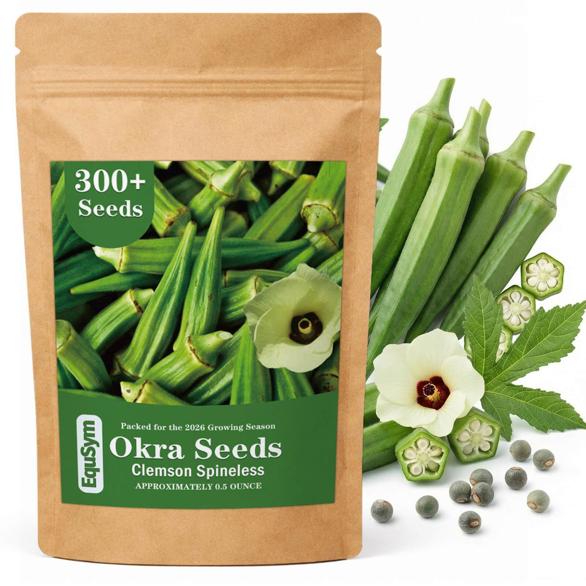 EquSym okra seeds 300-pack front view for outdoor planting.