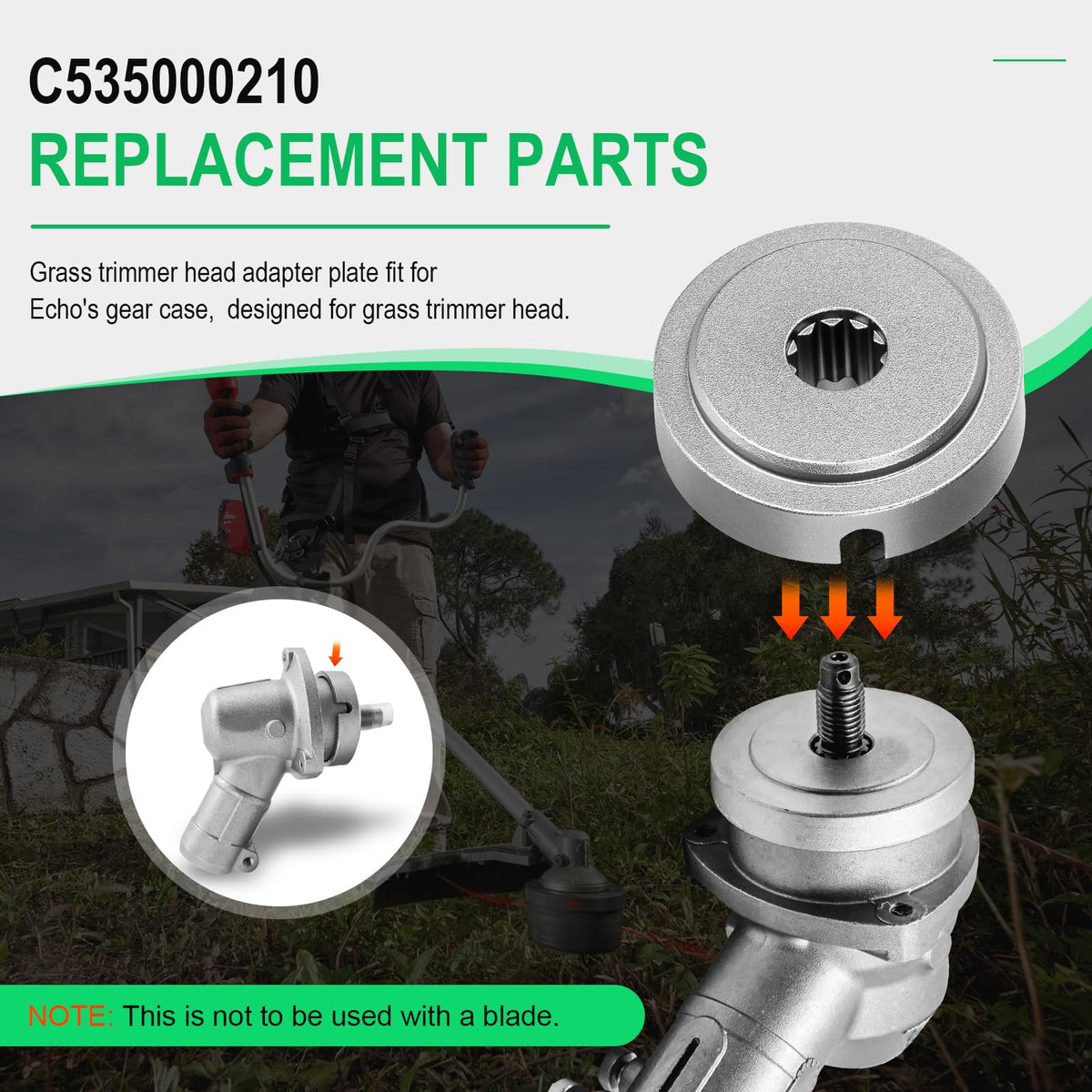 Upper adapter plate mounted on trimmer shaft for secure blade kit mounting.