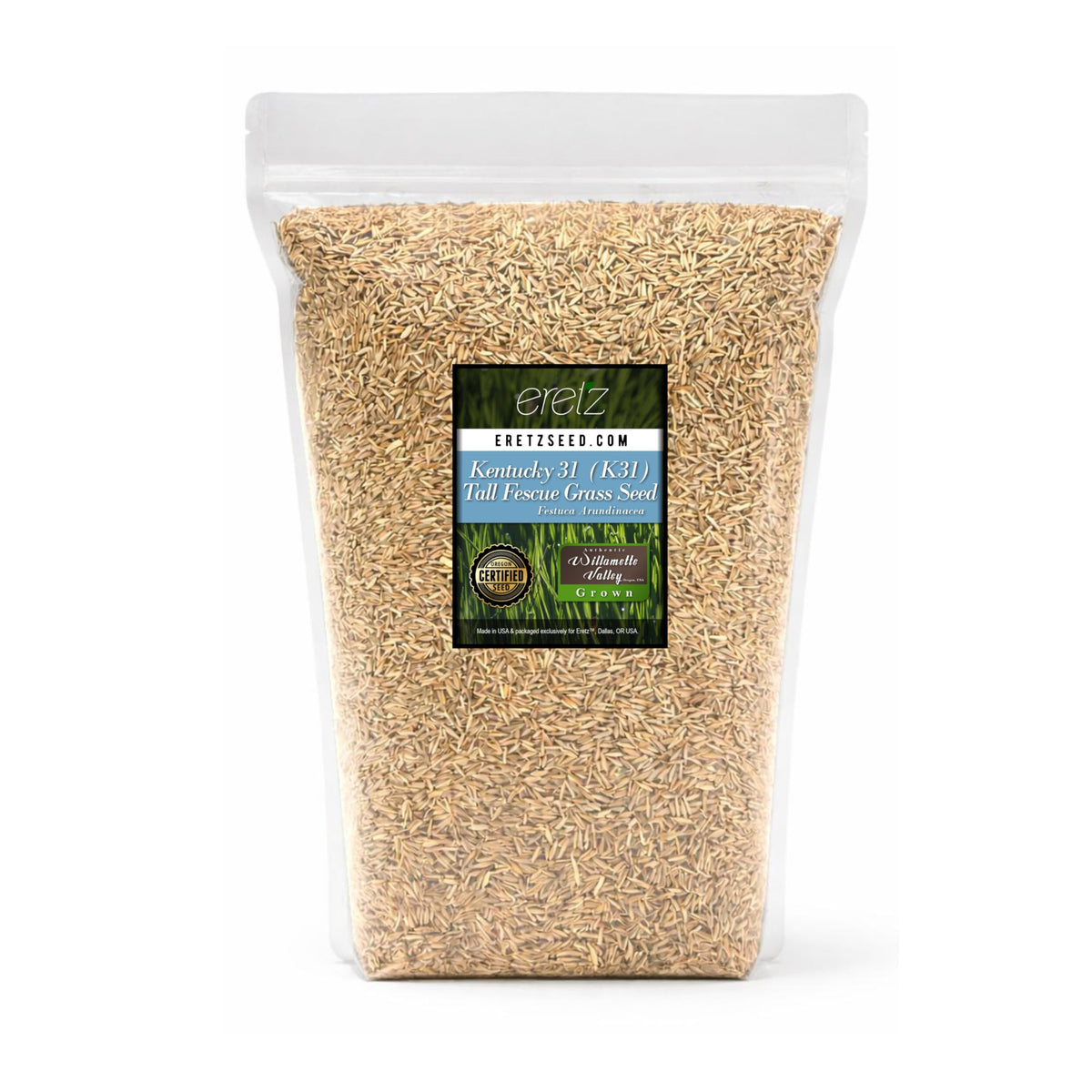 Eretz K31 tall fescue seed bag showing state-certified quality