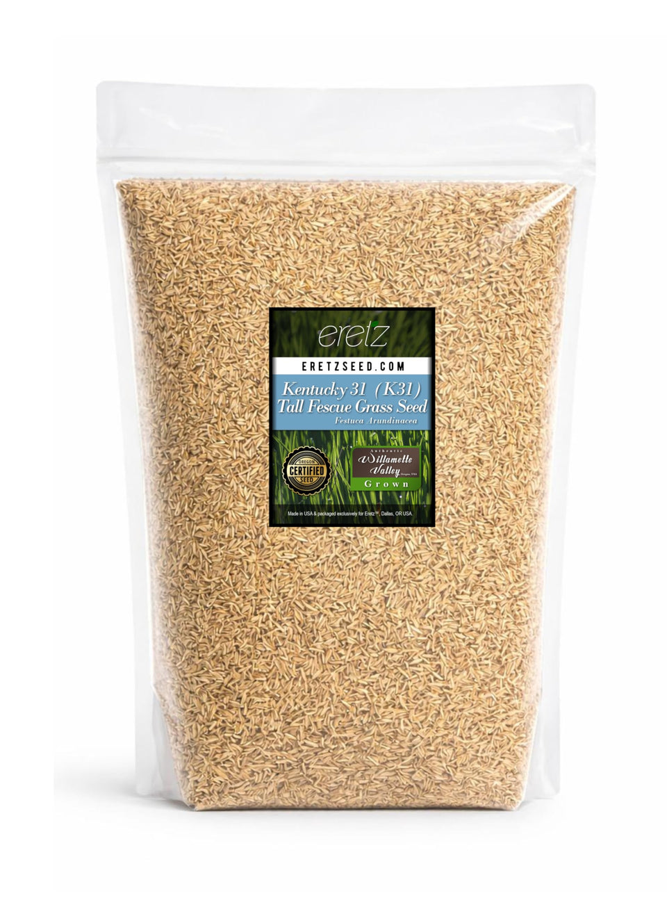 Eretz K31 Tall Fescue seed bag shows durable seed for lawns