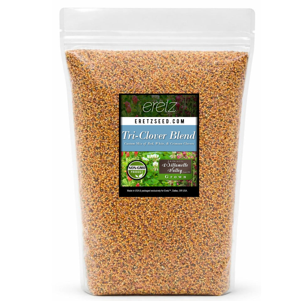Eretz Tri-Clover seed blend label featuring three flowers for garden beauty and soil health.