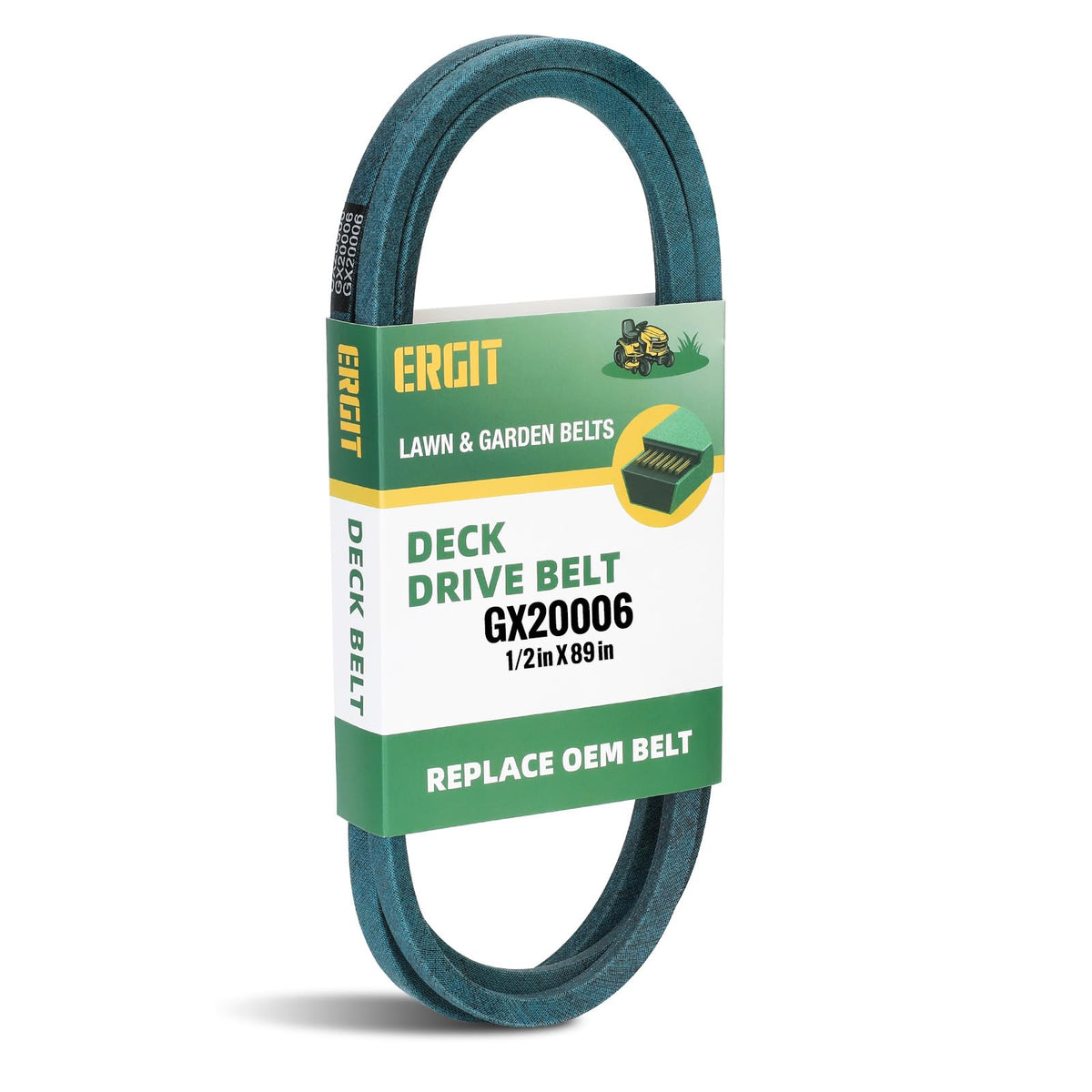 ERGIT GX20006 transmission belt, side view, durable construction for reliable mower operation.