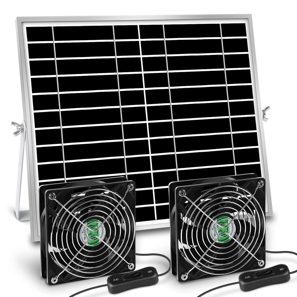 erifyng dual 5-inch solar fans exterior view enhances shed ventilation.