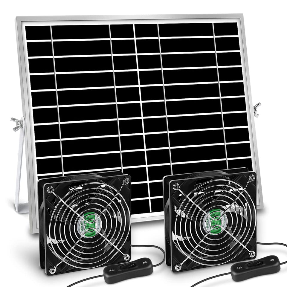 erifyng dual 5-inch solar fans exterior view enhances shed ventilation.