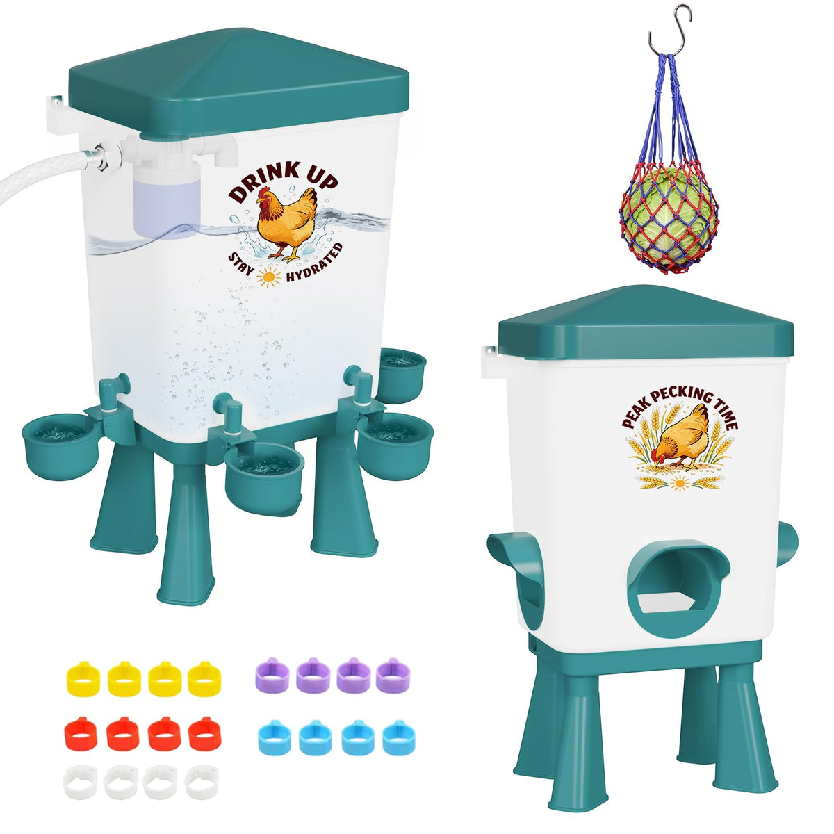 Erinaik 3Gal feeder-waterer set front view showing large capacity for busy coops