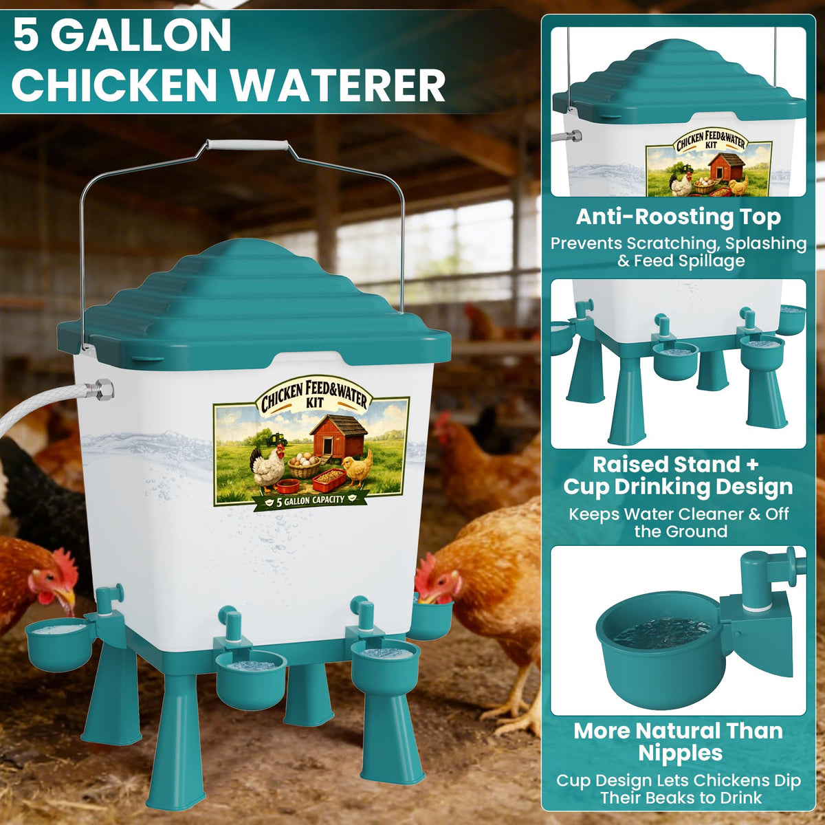 Erinaik 4-port chicken feeder supports multiple birds with less waste.