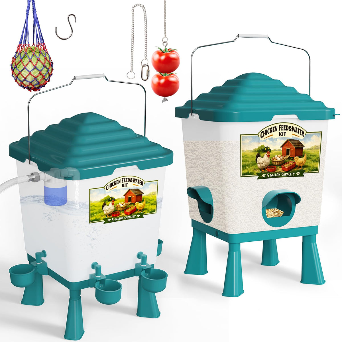 Erinaik 5-gallon waterer with float valve for consistent flock water.