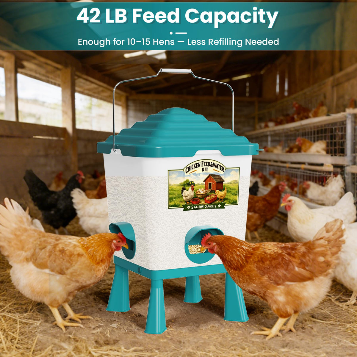 Erinaik top-fill waterer with anti-roost lid for cleaner coop.