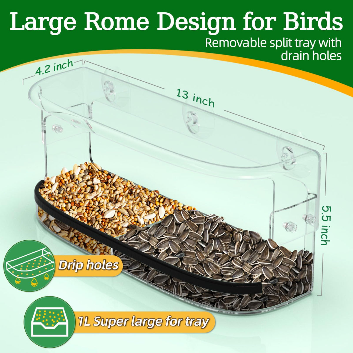 Ermete window feeder offers a clear view for close birdwatching.