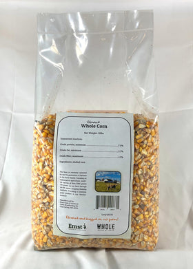 Ernst Whole Corn pouring into a feeder illustrates quick, simple feeding for birds and mammals.