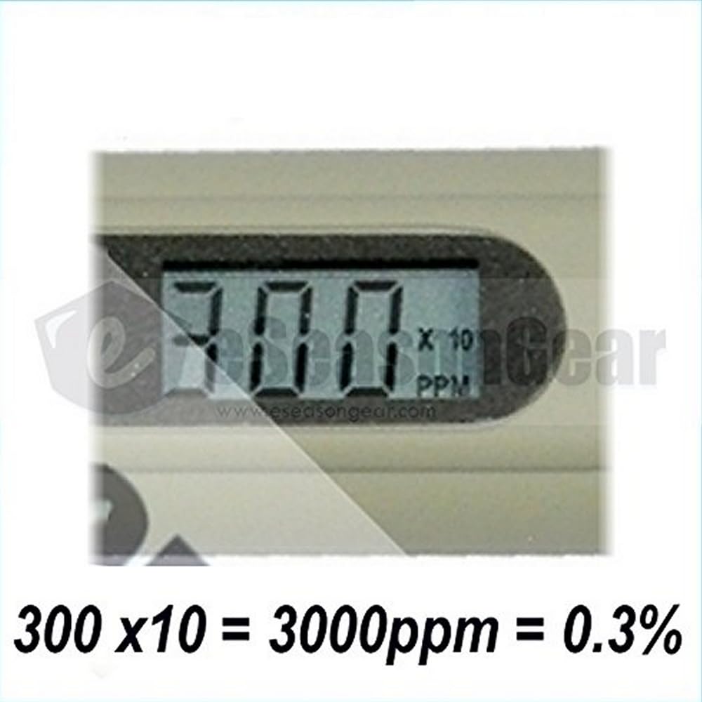 eSeasonGear SALT-3000 meter used in saltwater pool setup for testing.