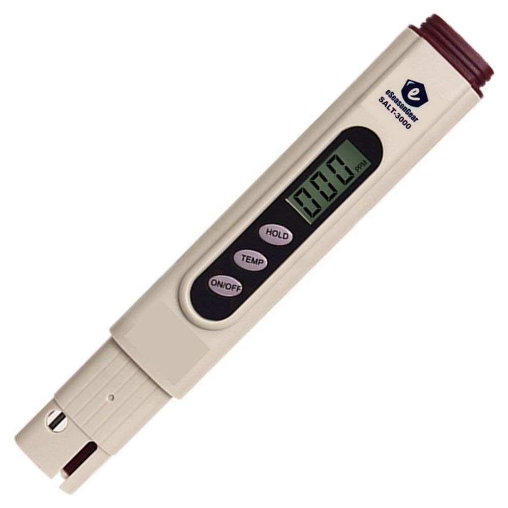 eSeasonGear SALT-3000 meter display shows salinity in ppm for saltwater pools.
