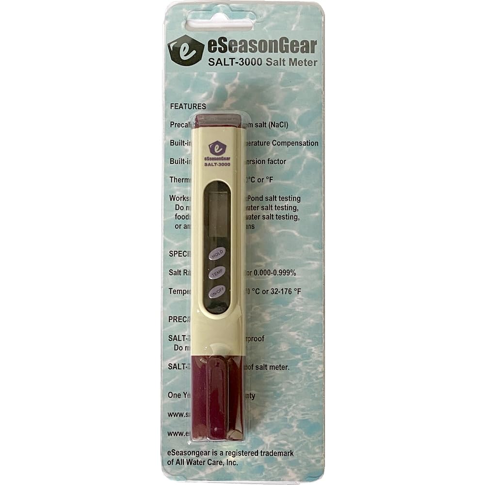eSeasonGear SALT-3000 meter temperature readout indicates pond and pool temperature.