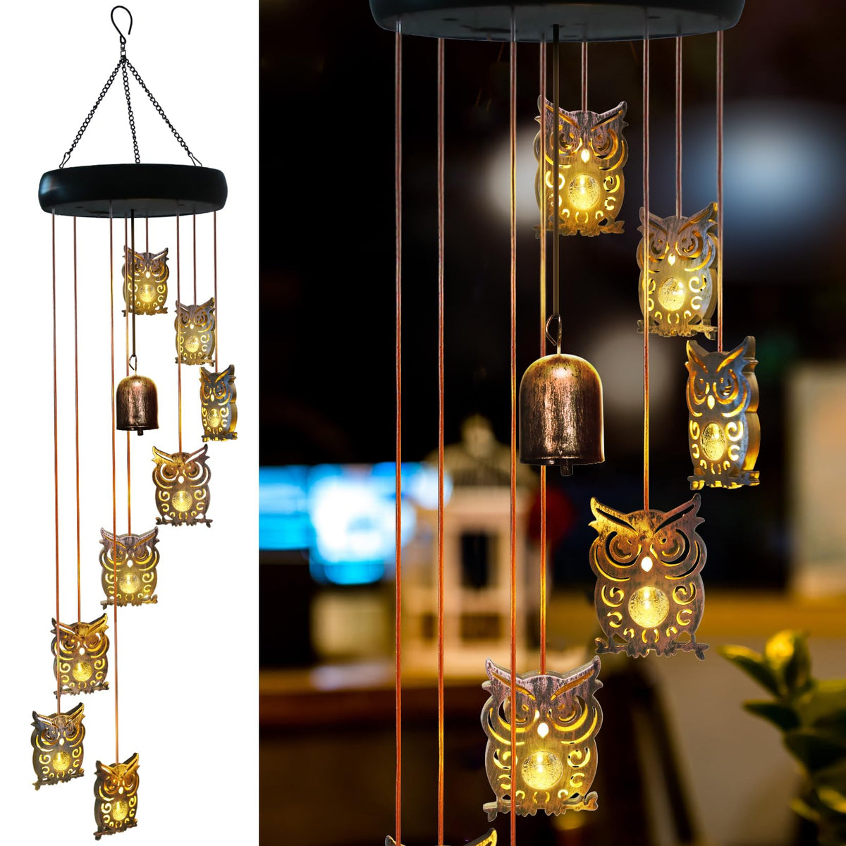 esgarden 8-LED solar owl wind chimes outdoors with warm glow