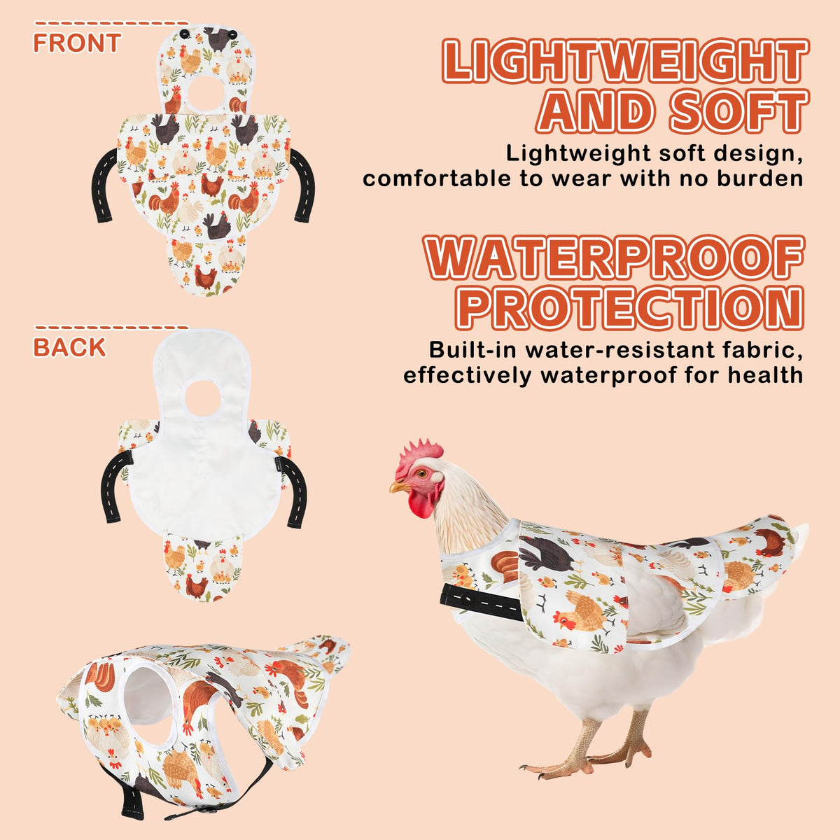 Esmorah chicken saddle tail cover safeguarding tail feathers during movement.