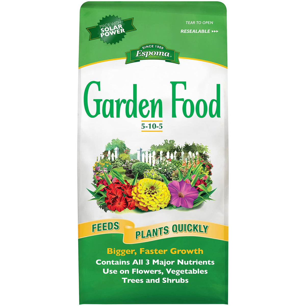 Espoma 5-10-5 Garden Food bag showing ready-to-use, balanced fertilizer for flowers, vegetables, and trees.
