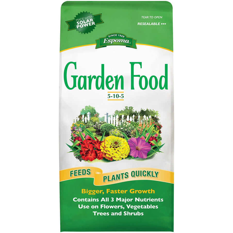 Espoma 5-10-5 Garden Food bag showing ready-to-use, balanced fertilizer for flowers, vegetables, and trees.