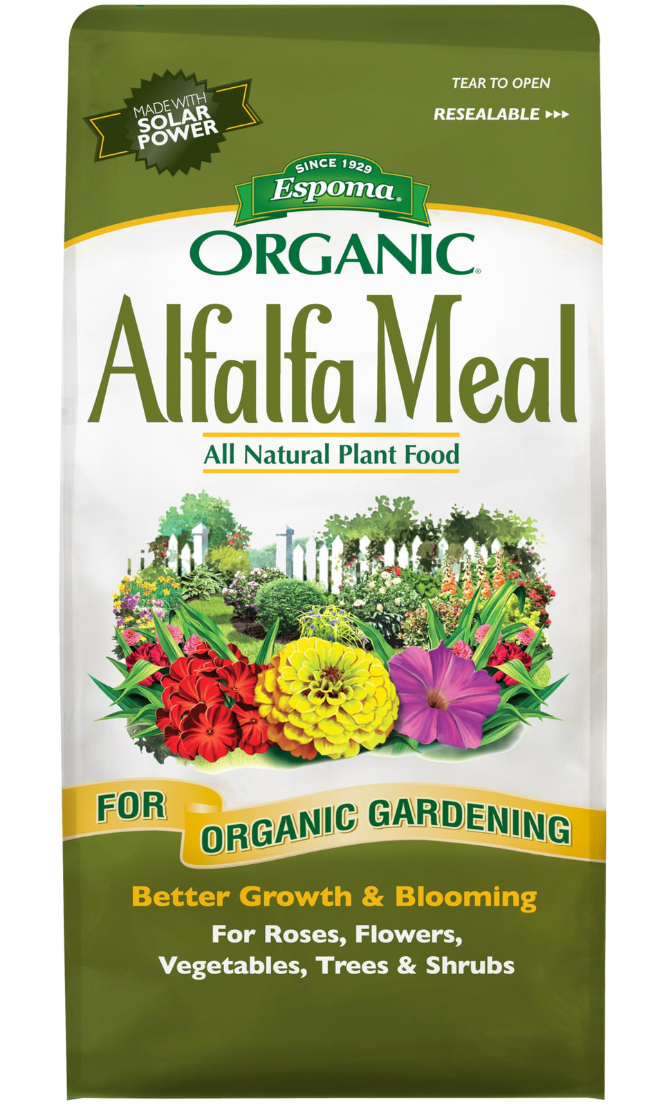 Espoma Alfalfa Meal bag label showing all-natural plant food for blooms.