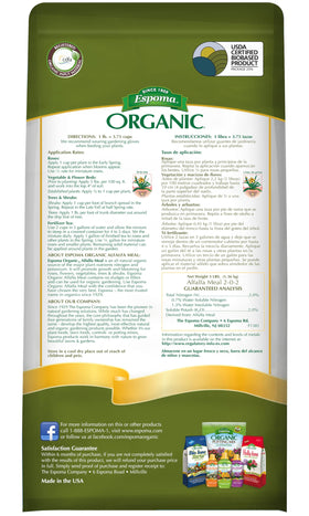 Espoma Alfalfa Meal soil application improves nutrient availability for plants.