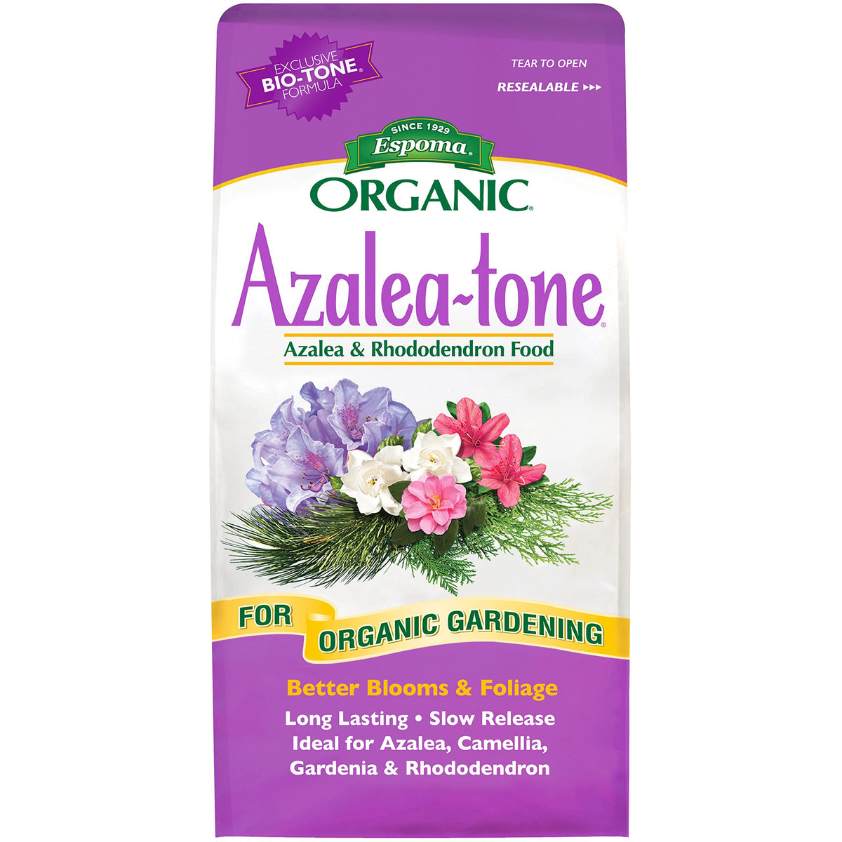 Espoma Azalea-Tone 4-3-4 fertilizer bag showing a ready-to-use organic feed for flowering shrubs.