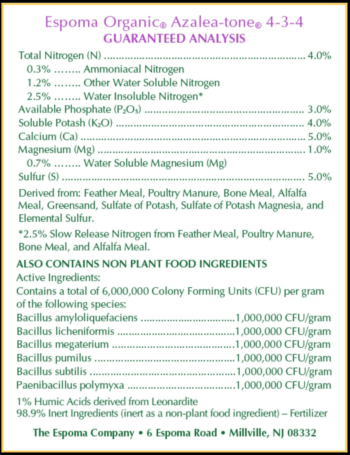 Espoma Azalea-Tone label details highlight organic ingredients and Bio-Tone formula for soil health.