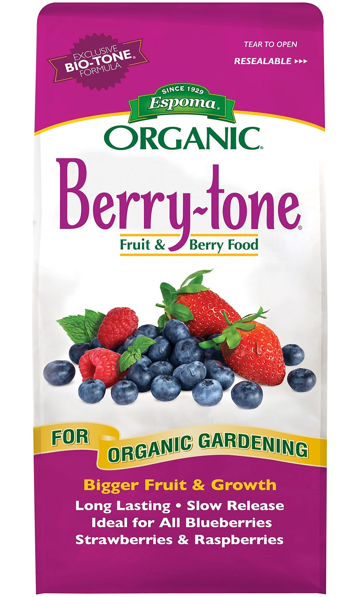 Espoma Berry-Tone bag front, ready-to-use organic fertilizer for berries