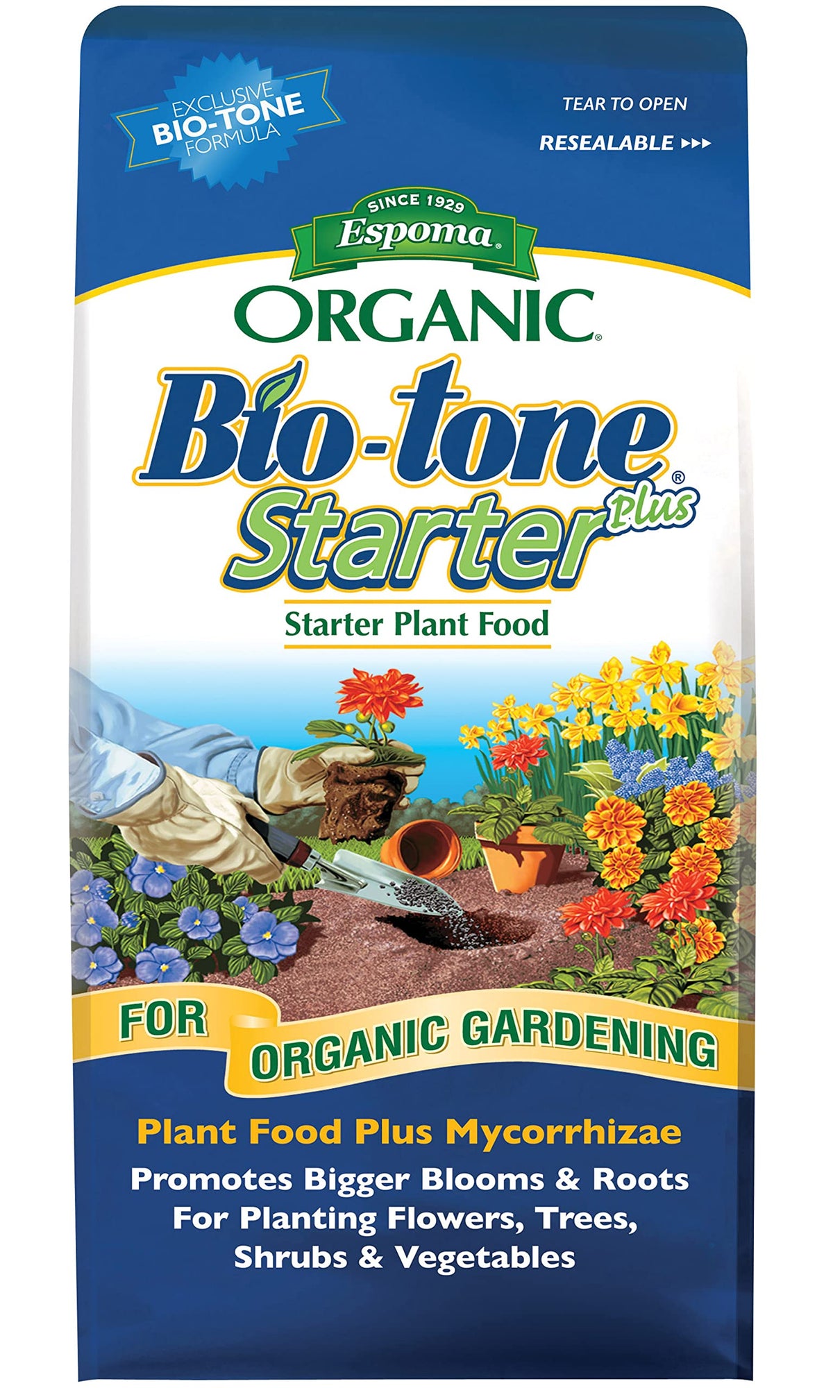 Espoma Bio-Tone Starter Plus 4lb bag ready for planting to support roots.