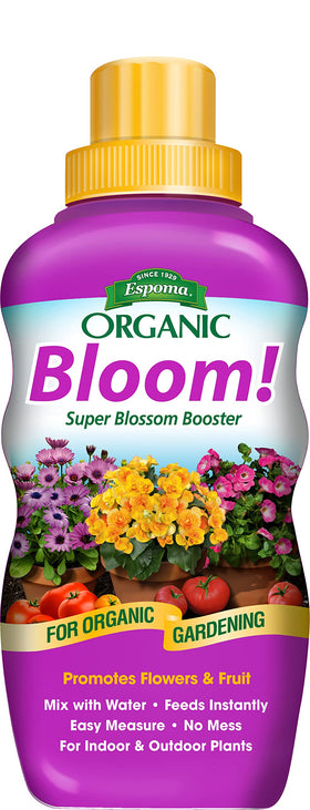 Espoma Bloom! bottle with front label supports flowering plant growth and vitality.