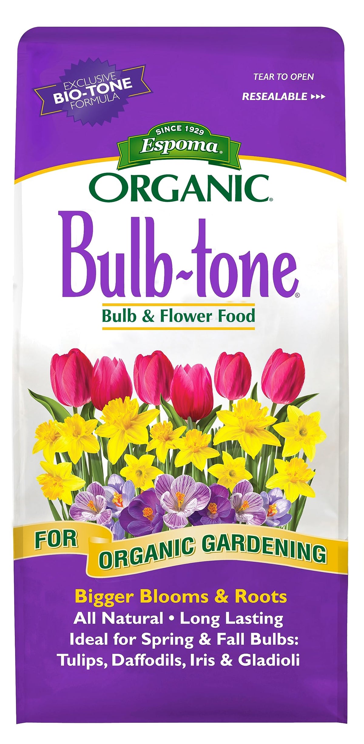 Espoma Bulb-Tone 3-5-3 bag closeup showing natural ingredients for vibrant blooms.