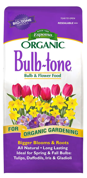 Espoma Bulb-Tone 3-5-3 bag closeup showing natural ingredients for vibrant blooms.