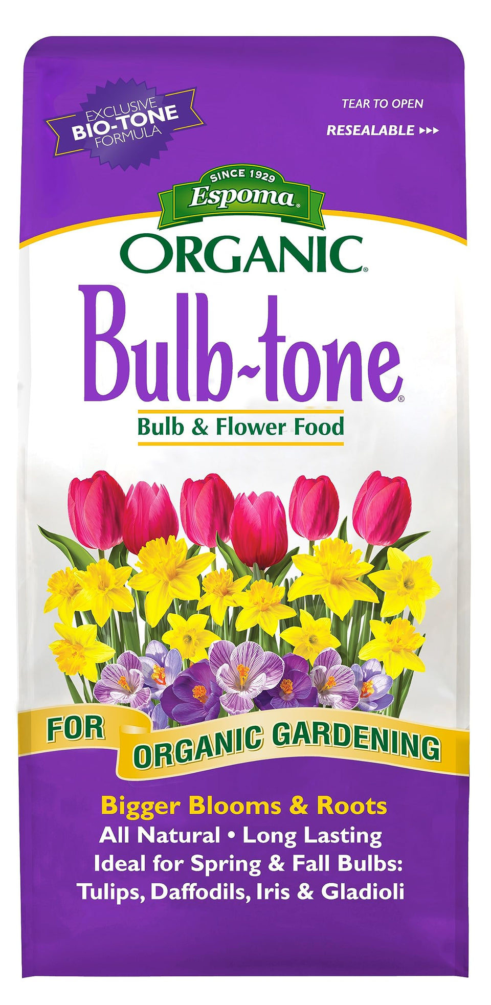 Espoma Bulb-Tone 3-5-3 bag closeup showing natural ingredients for vibrant blooms.