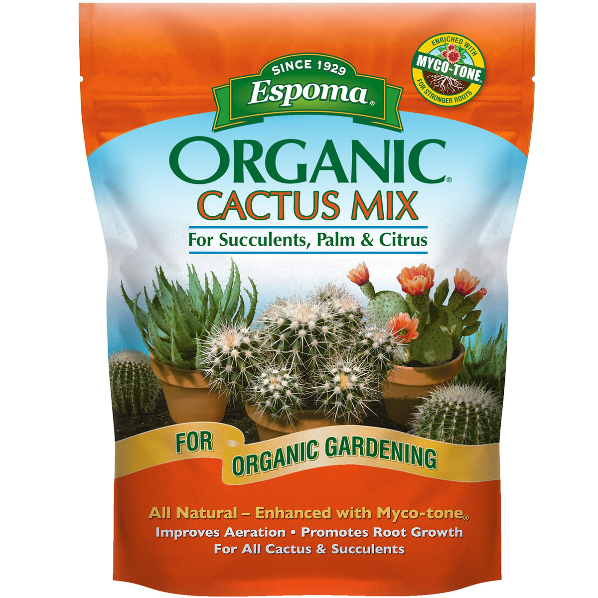 Espoma cactus potting soil 4qt bag showing airy texture for healthy root growth.