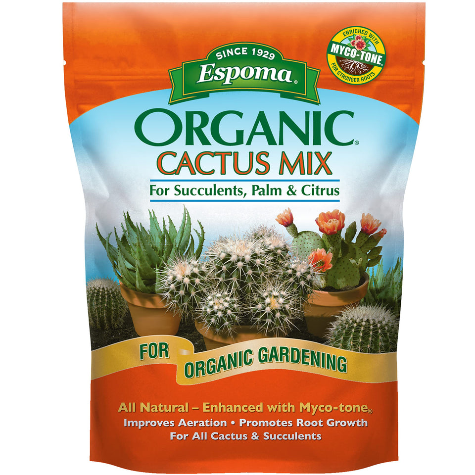 Espoma cactus potting soil 4qt bag showing airy texture for healthy root growth.