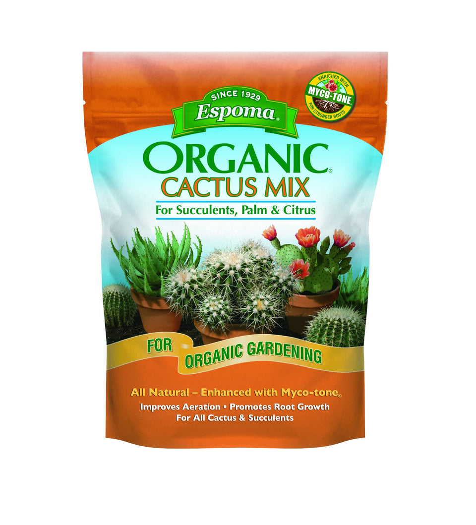 Espoma cactus potting soil mix front view showing drainage-friendly bag