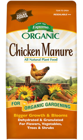 Espoma Organic Chicken Manure 3.75 lb bag close-up, ready-to-use soil enrichment for gardens.