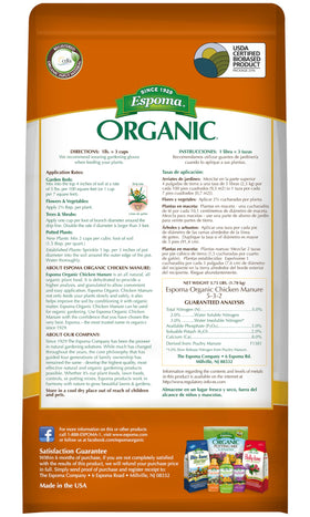 Espoma Chicken Manure application around plants boosts soil nutrients for flowers and vegetables.