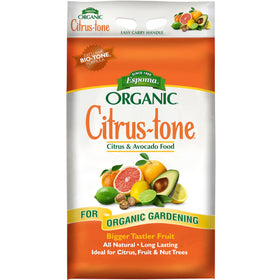 Espoma Citrus-Tone 5-2-6 bag back view with organic ingredients and how-to use.