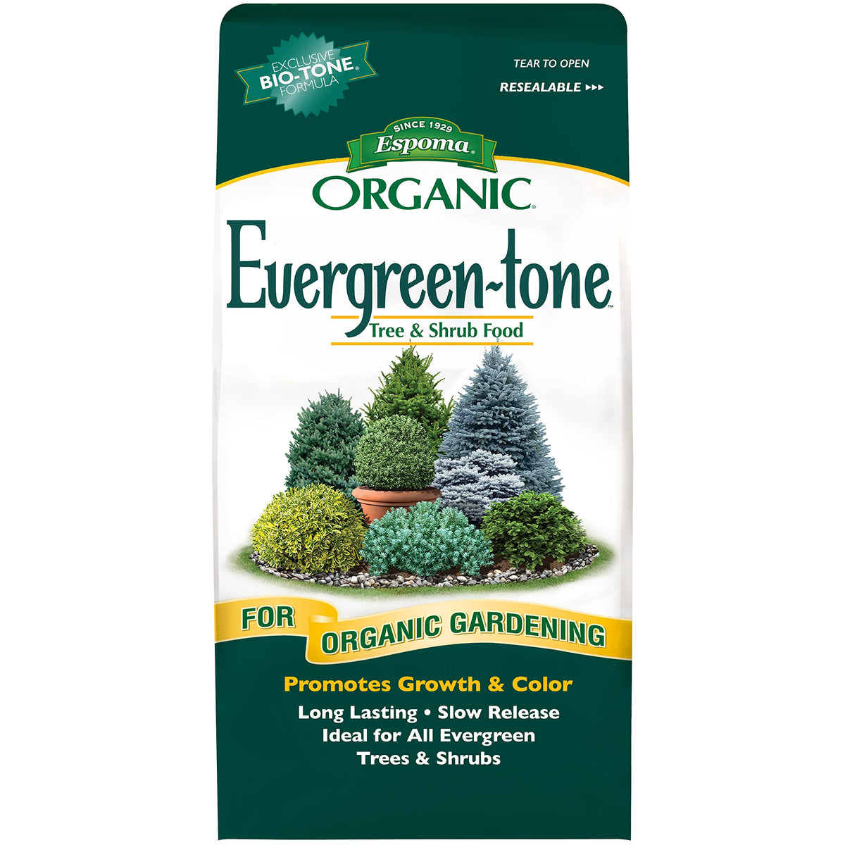 Espoma Evergreen-Tone 4-3-4 fertilizer bag for organic evergreen feeding and healthy growth