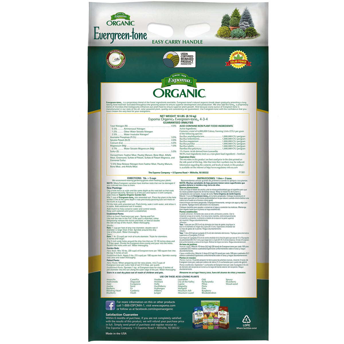 Espoma Evergreen-Tone application on evergreens shows easy planting or feeding guidance