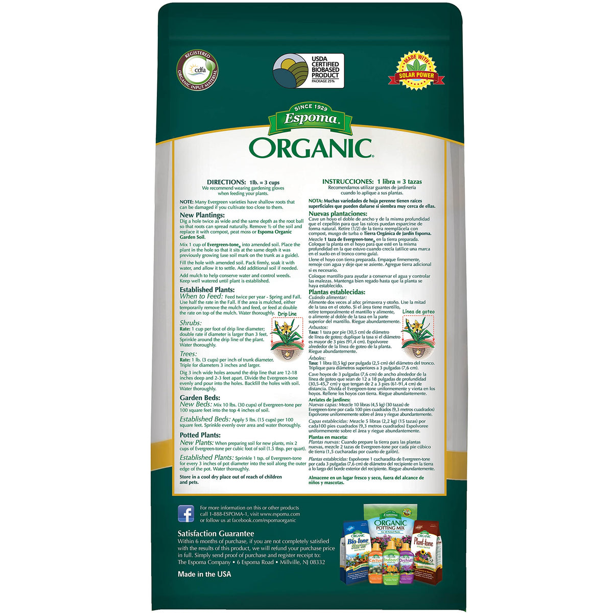 Espoma Evergreen-Tone Bio-Tone formula label boosts soil vitality