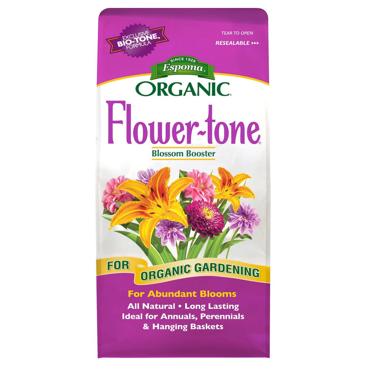Espoma Flower-Tone organic fertilizer bag with label for vibrant blooms.