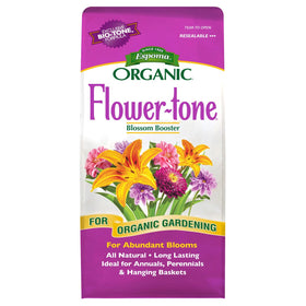 Espoma Flower-Tone organic fertilizer bag with label for vibrant blooms.