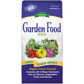 Espoma Garden Food 10-10-10 bag provides quick nutrition for flowers, vegetables, trees, and shrubs.