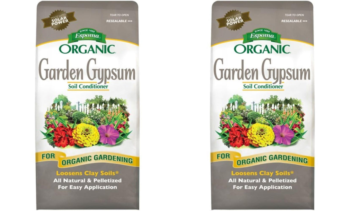 Espoma Garden Gypsum bag front view; easy-to-apply soil conditioner for clay soil.