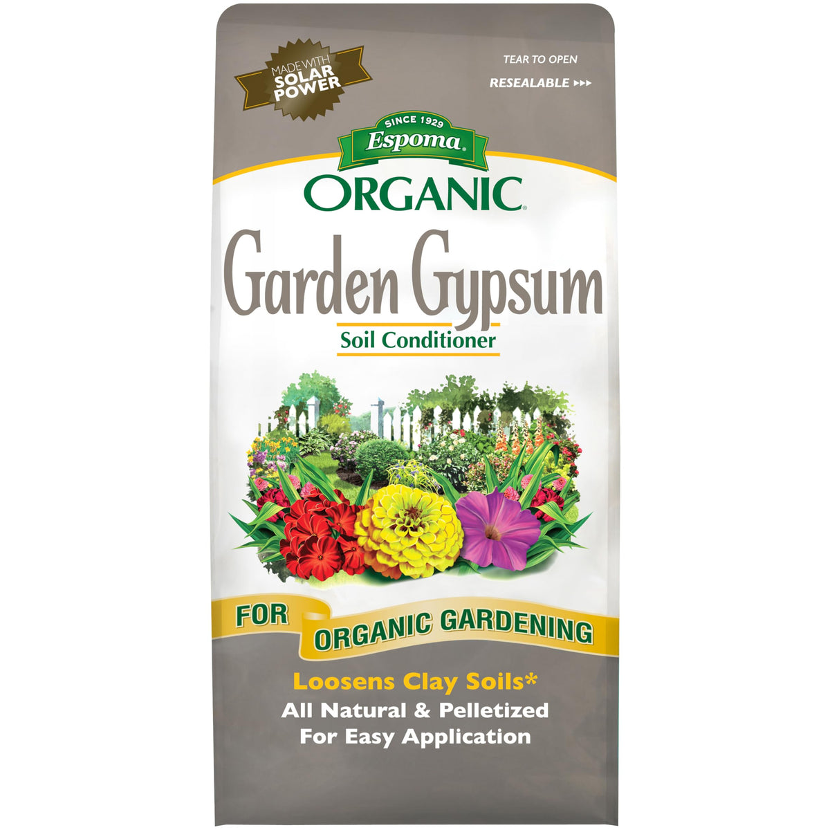 Espoma Garden Gypsum pellets close-up showing natural mineral granules for soil structure.
