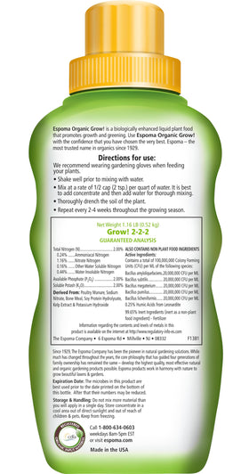 Espoma Grow! label close-up highlights organic ingredients and 2-2-2 ratio