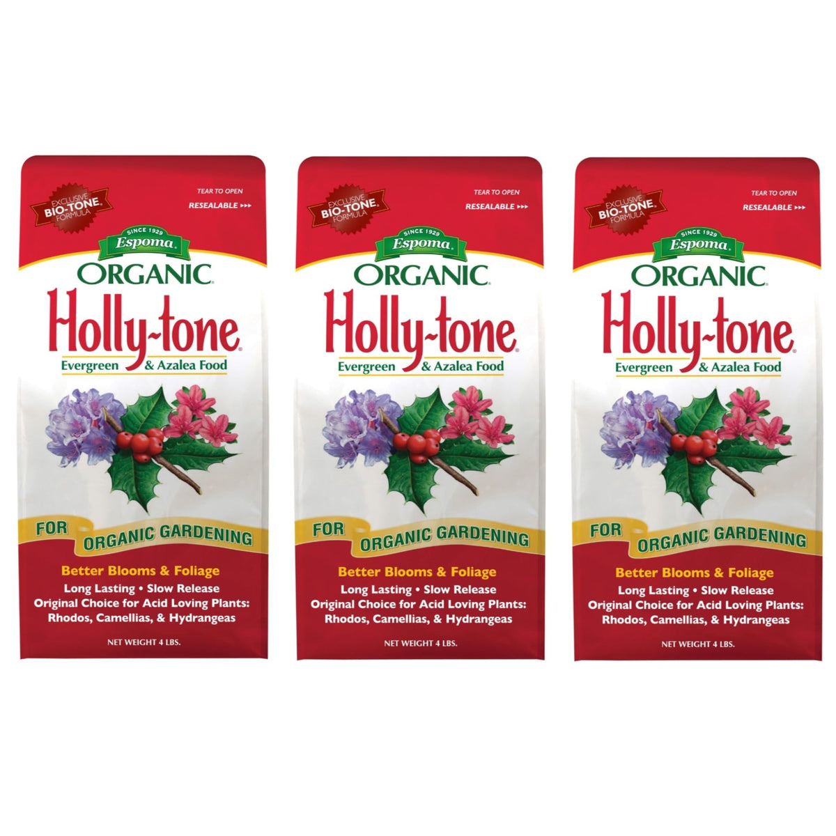 Espoma Holly-Tone 4lb bag ready-to-use organic fertilizer for acid-loving plants.