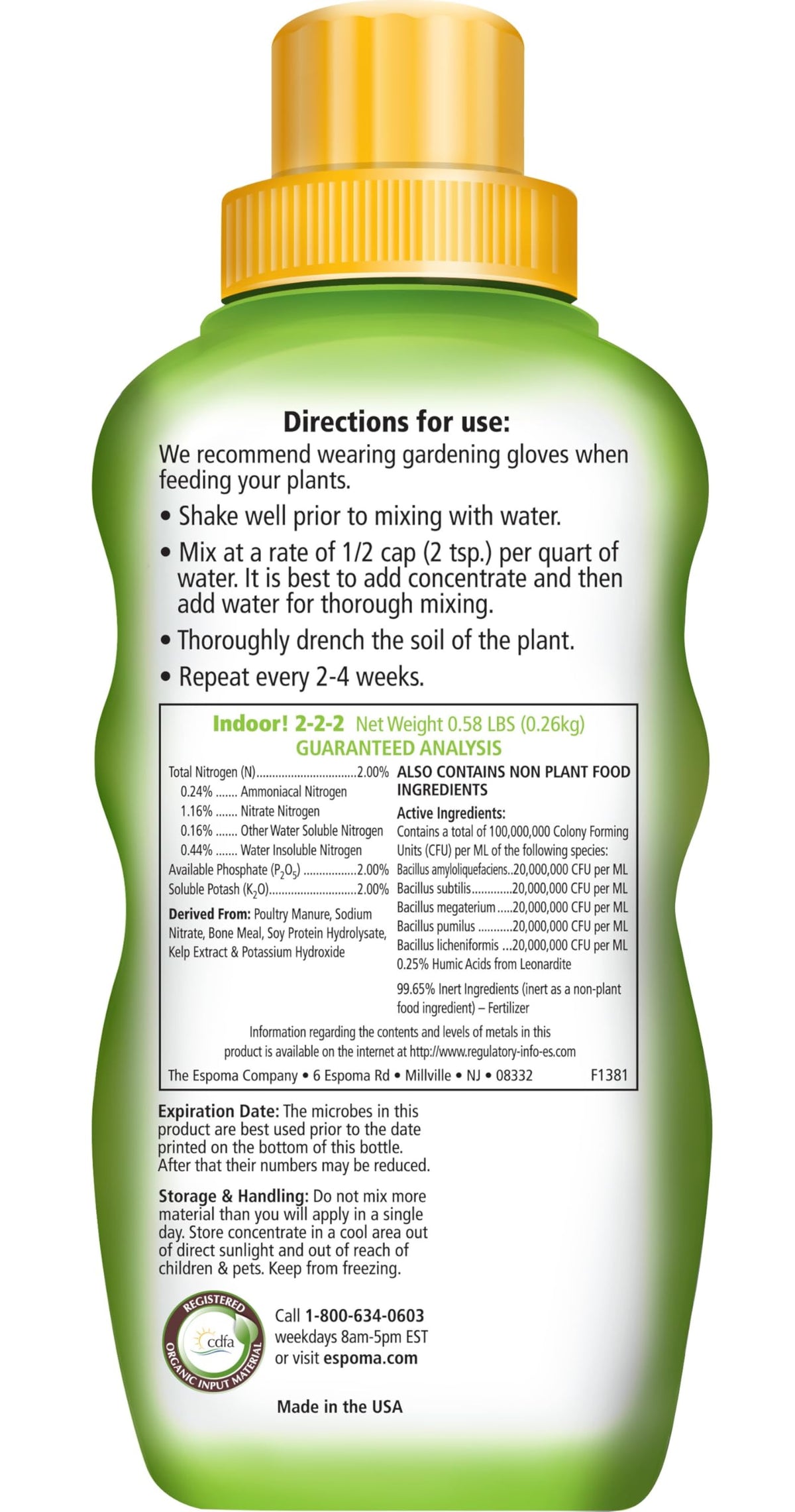 Espoma Indoor Plant Food label closeup shows ingredients for thriving houseplants