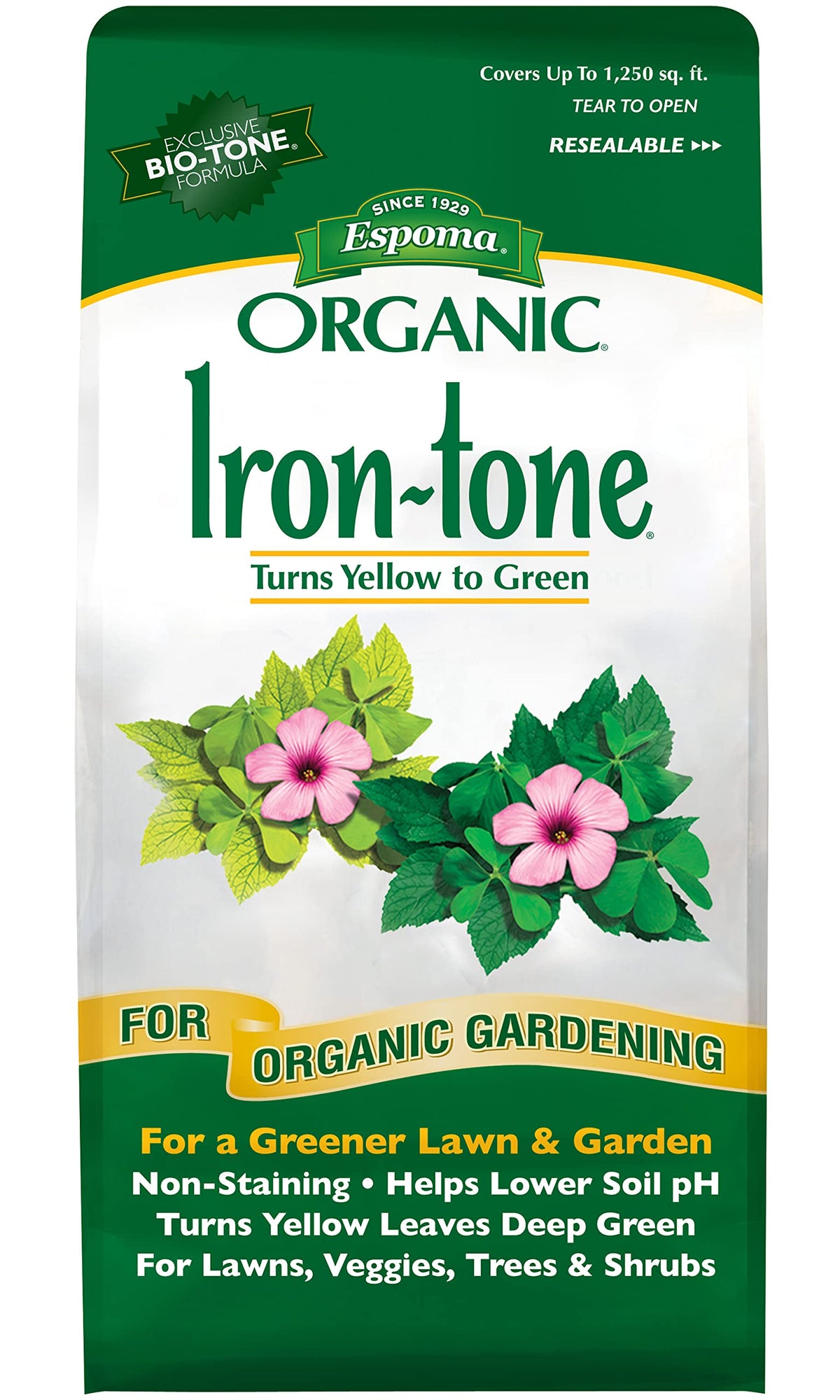Espoma Iron-Tone 3-0-3 fertilizer bag front view for chlorosis relief